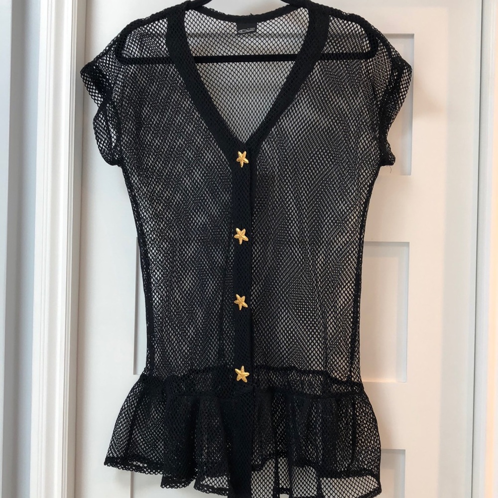 Dotti Bathing suit cover-up Black Soft knit mesh gold-like starfish buttons! S/M
